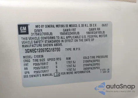 2007 Chevrolet Avalanche 1500 Lt z USA, uszkodzony, nr VIN 3GNEC12097G318700